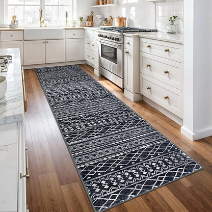 KUTA Moroccan Boho Runner Rug 2.6x10 Non-Slip Vintage Black Washable Hallway Kitchen Rugs Ultra Soft Distressed Geometric Floor Carpet Runners for Bedroom Laundry Living Room