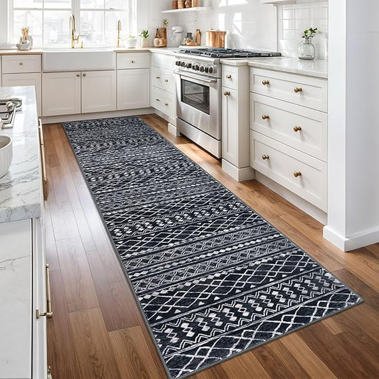 KUTA Moroccan Boho Runner Rug 2.6x10 Non-Slip Vintage Black Washable Hallway Kitchen Rugs Ultra Soft Distressed Geometric Floor Carpet Runners for Bedroom Laundry Living Room