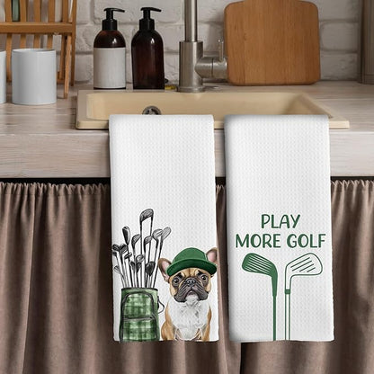 Golf Dog Kitchen Towels - French Bulldog Dish Towels, Sports Gifts, Pet Golf Club Decorative Absorbent Dishcloths Hand Towels Set of 2 for Spa Kitchen Gym Decor 16x24 Inches