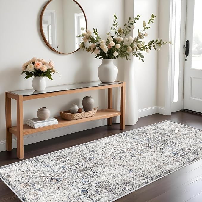 RUUGME 3x8 Runner Rug Washable - Hallway Runner Rugs Non Slip Stain Resistant Rug for Kitchen Living Room Bedroom Dining Room Vintage Distressed Carpet Low Pile Home Decor Floor Mat (3'x8', Brown)