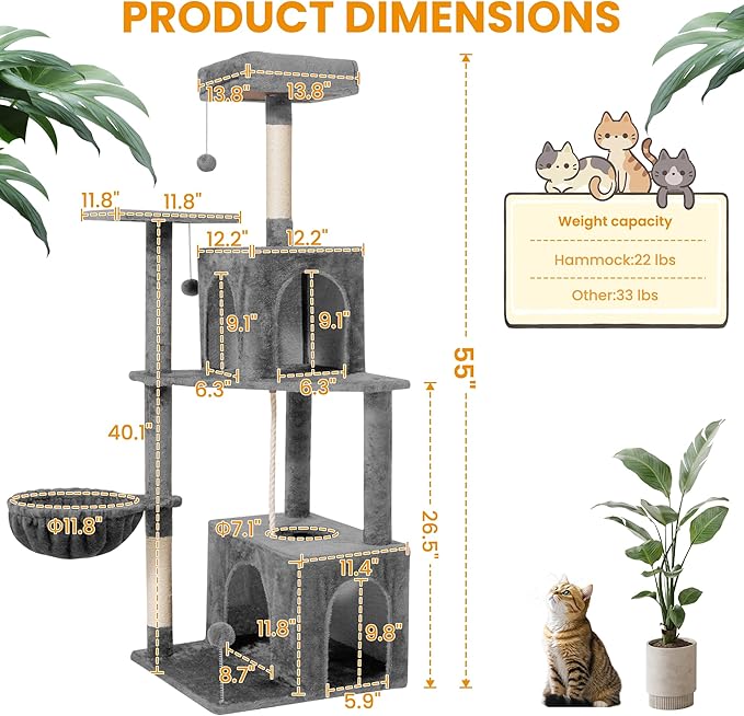 Cat Tree, 54-Inch Cat Tower for Indoor Cats, Soft Plush Multi-Level Climbing Cat Condo with Scratching Posts, Basket, Perches,2 Caves,2 Pompoms Play House for Cat(Gray)