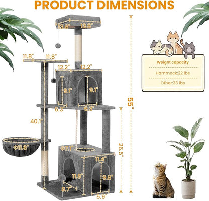 Cat Tree, 54-Inch Cat Tower for Indoor Cats, Soft Plush Multi-Level Climbing Cat Condo with Scratching Posts, Basket, Perches,2 Caves,2 Pompoms Play House for Cat(Gray)