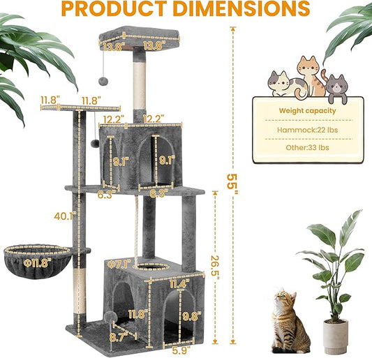 Cat Tree, 54-Inch Cat Tower for Indoor Cats, Soft Plush Multi-Level Climbing Cat Condo with Scratching Posts, Basket, Perches,2 Caves,2 Pompoms Play House for Cat(Gray)