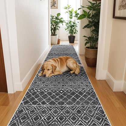 Rug Runners 2x6 Washable - Hallway Runner Rug Moroccan Non Slip Kitchen Runner Low Pile Soft Indoor Floor Mat Front Door for Bedroom Entryway Laundry 2x6 Black