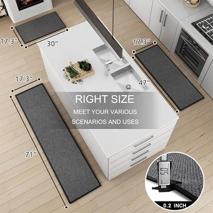 Kitchen Mat Set of 2 PCS, Cushioned Non Slip Rugs for Kitchen Floor, Absorbent Runner Comfort Standing Mats Washable for Kitchen, Office, Home, (Black, 17.3"x47"+17.3"x71")