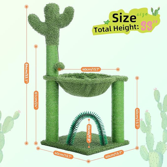 PAWZ Road Cactus Cat Tree, 33 Inchs Cat Tower with Cat Self Groomer, Soft Hammock and Fully Wrapped Sisal Scratching Post for Indoor Cats