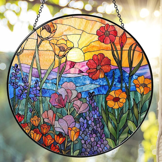 Wildflowers Sun Catcher 9.8'' Stained Glass Window Hanging Plant Lover Gifts for Women Wildflowers Wall Decor Handmade Sun Catcher Decoration for Window Garden Home Christmas & Birthday Gifts