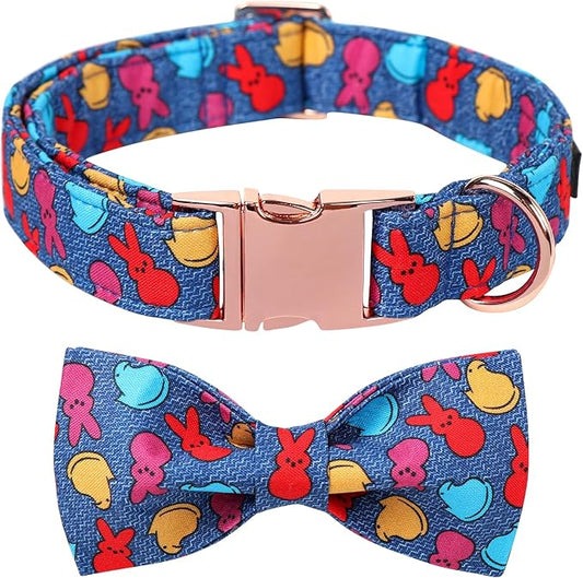 Maca Bates Easter Day Rabbit Dog Collar with Fancy Bow Tie for Extra Small Girl Boy Dogs, Blue Bunny Chick Pattern,Adjustable Durable Soft Breakaway Collars for Male Female Puppy