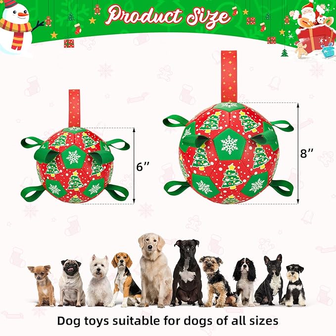 Christmas Soccer Ball Dog Toy With Straps for Interactive Play and Tug of War - Christmas Tree & Snowflower Pattern for Small, Medium, Big Dogs (8 Inches)