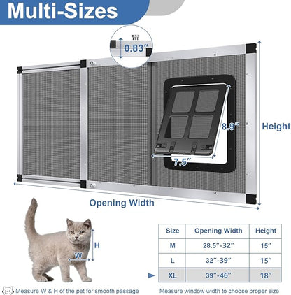 Ventilated Pet Door for Window 38"-44" Wide Adjustable, Silver Aluminum Frame + Stainless Steel Mesh | Breathable Bug-Proof | 4-Way Lock Magnetic Closure Cat Window Door,Cat Door for Window Insert