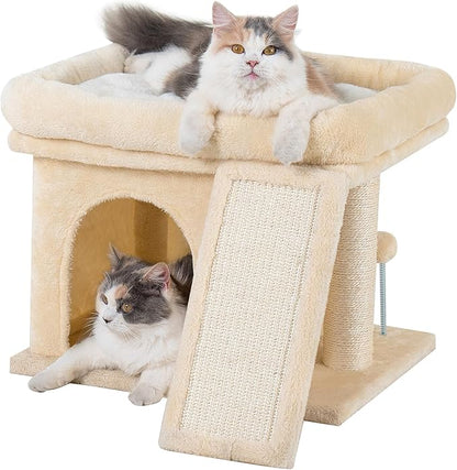 Aechonow Small Cat Tree Tower for Large Cat, Cat Bed House with Large Perch for Adult Cats, 20 * 16.5 Inch Big Platform for Indoor with Super Cozy Soft Mat, Large Cat Condo with Scratching Post, Beige