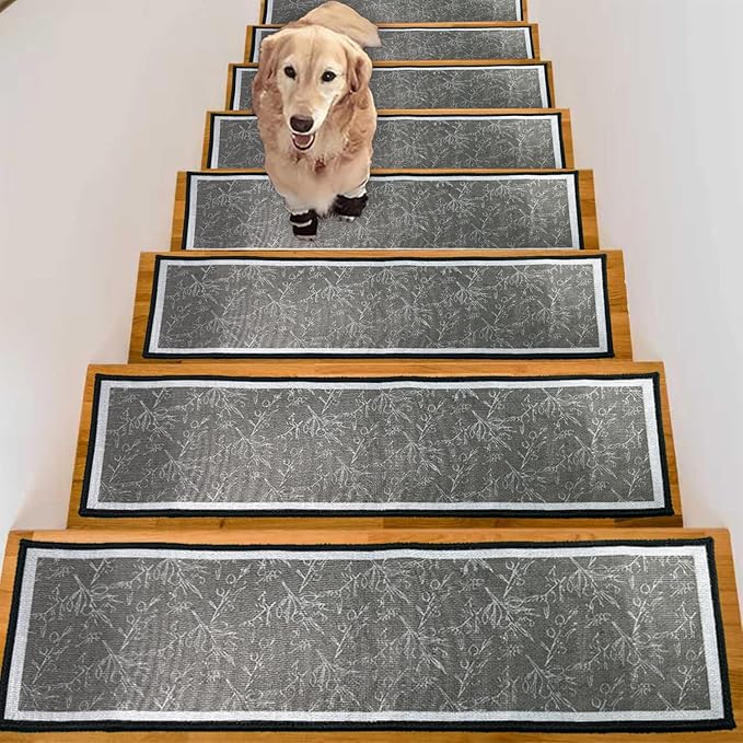 Nonslip Stair Treads Wooden Steps, 15 PCS 30" x 8" Safety Rug Slip Resistant Runner with Reusable Adhesive, Carpet Landing Mat for Family Elders Pets Soft Stair Mats Indoor (Grey)