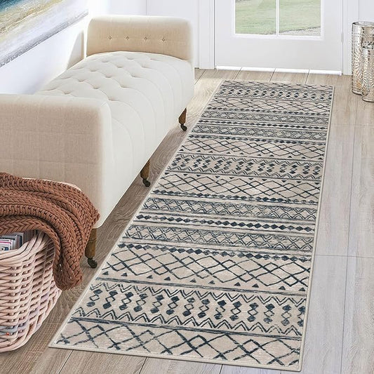 KUTA Moroccan Washable Hallway Runner Rug, 2x6 Non-Slip Vintage Light Brown Black Boho Rugs Kitchen Runners Ultra Soft Distressed Geometric Floor Carpet for Bedroom Laundry Living Room