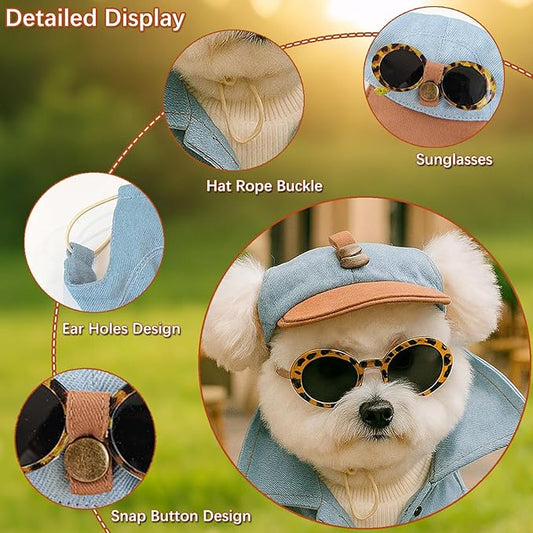 2 Pcs Pet Baseball Cap and Sunglasses, Dog Sun Hat with Ear Holes, Summer Adjustable Buckle Visor Caps for Cats, Small Medium Dogs (Brown, Medium)
