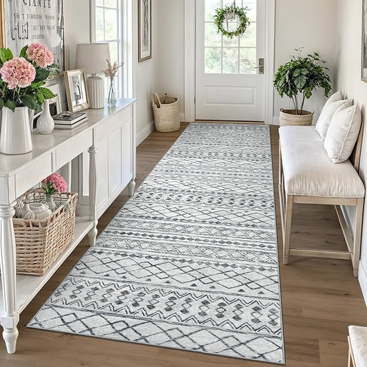 KUTA 3x10 Boho Hallway Runner Rug, Moroccan Grey Washable Kitchen Rugs Non Slip, Ultra Soft Print Distressed Geometric Entry Runner Low-Pile Throw Carpet for Bedroom Nursery Dorm Decor