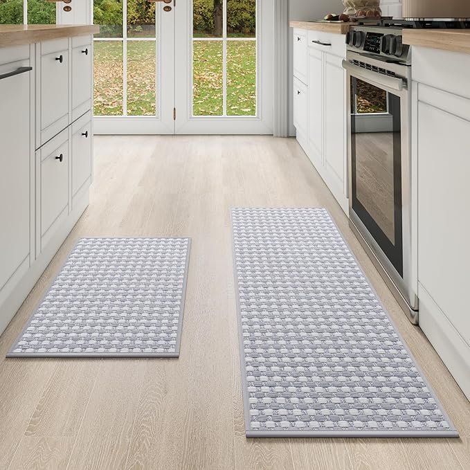 Kitchen Mat Kitchen Rugs Sets of 2 PCS Non Slip Washable, Super Absorbent Soft Braided Kitchen Mats for Floor, Rubber Backing Comfort Standing Kitchen Sink Mat Runner Rug, Gray 17"x28"+17"x47"