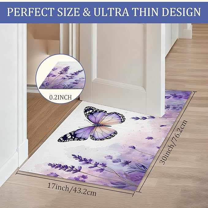 Purple Butterfly Welcome Mat,Watercolor Lavender Indoor Rugs for Entryway,Anti-Slip Low Profile Doormats Porch Mats for Front Door Stairway Rug Living Room Floor Mat 30 x 17 Inch