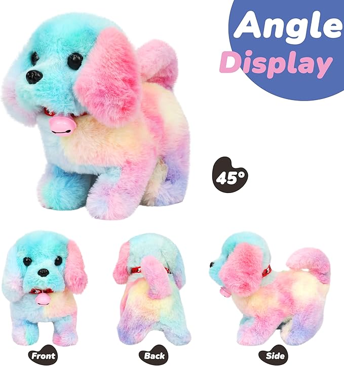 Hopearl Walking Dog with Bell Interactive Electronic Pet Plush Toy Puppy Woof and Moving Animated Nodding Head Gifts for Toddlers Birthday, Rainbow, 7''