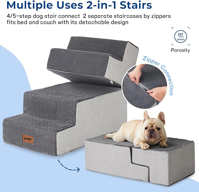 Dog Steps for High Beds - Dog Stairs 2 in 1 with Zippers Suitable for Small Dogs, Foam Pet Stairs with Non Slip Bottom Grey 5 Steps, Beige