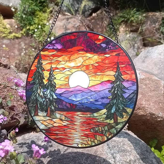 Sunset Suncatcher for Window, 7.8 Inch Stained Glass Suncatchers for Outdoors Garden Patio Decor, Rainbow Maker Prism Gifts for Women Men, Housewarming Birthday Christmas Home Decorations