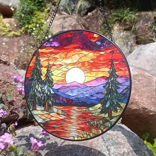 Sunset Suncatcher for Window, 7.8 Inch Stained Glass Suncatchers for Outdoors Garden Patio Decor, Rainbow Maker Prism Gifts for Women Men, Housewarming Birthday Christmas Home Decorations