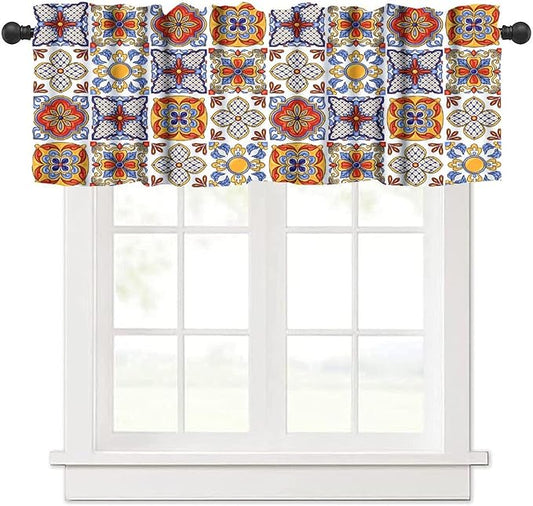 Mexico Valances Curtain for Kitchen, Mexican Talavera Ceramic Tile Patchwork Pattern Window Treatment Valances Short Curtains Rod Pocket Drape for Dining Room Home Farmhouse Decor, 54x18inch