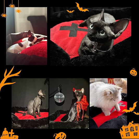Gothic Cat Beds Fits up to 25 lbs, Washable Coffin Cat Bed, Goth Pet Bed, Halloween House 24 * 16.9 Inch, Red & Black Small