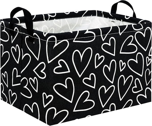 HIYAGON Rectangular Heart Basket Kids Baby Storage Bin Toy Basket Organizer Box for Girls Love Room Decor(Black Line Heart)