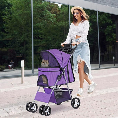 LEMY Pet Stroller,4 Wheels Dog Cat Stroller with Storage Basket&Cup Holder,Folding Dog Cat Cage Jogger Strollers for Small Medium Dogs Cats Travel,Purple