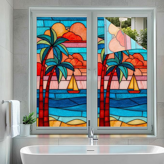 Summer Beach Palm Trees Window Cling 18 x 39 Inch Stained Glass Decorative Privacy Film PVC Sailboat Ocean Sunset Glass Panel Vertical Home Decor