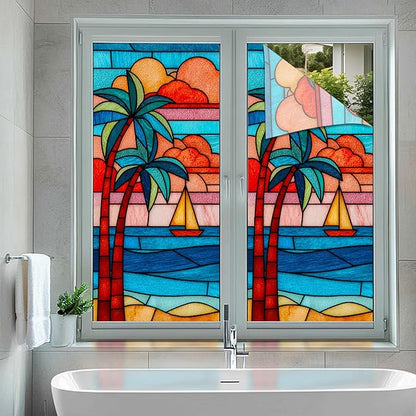 Summer Beach Palm Trees Window Cling 18 x 39 Inch Stained Glass Decorative Privacy Film PVC Sailboat Ocean Sunset Glass Panel Vertical Home Decor