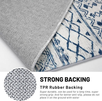 KUTA Moroccan Washable Hallway Runner Rug, 2x8 Non-Slip Vintage Blue White Boho Kitchen Rugs Ultra Soft Print Distressed Geometric Floor Carpet Runners for Bedroom Laundry Living Room