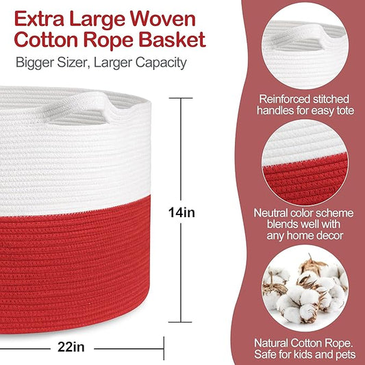 Large Red Baskets for Storage, 22x14 Wicker Woven Storage Basket, Blanket Organizer, Kids Toy Bin Box, Bathroom Beach Towel Basket, Basket for Gifts Decor, Fireplace Living Room Decoration
