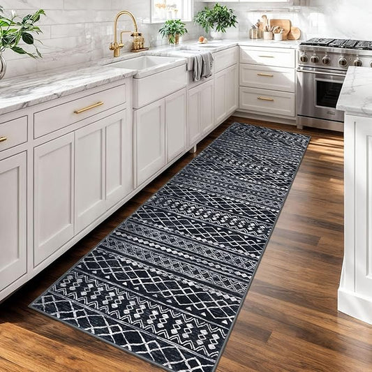 KUTA Moroccan Washable Kitchen Rug, 2x7 Non-Slip Vintage Black Boho Hallway Runner Rugs Ultra Soft Distressed Geometric Floor Carpet Runners for Bedroom Laundry Living Room