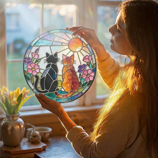Greatingreat Cat Stained Glass Window Hanging, Home Room Decor 7.8 Inch Sun Catchers Indoor Window, Whimsical Decor for Christmas Mother's Day Birthday Gifts for Women Men Mom Nana