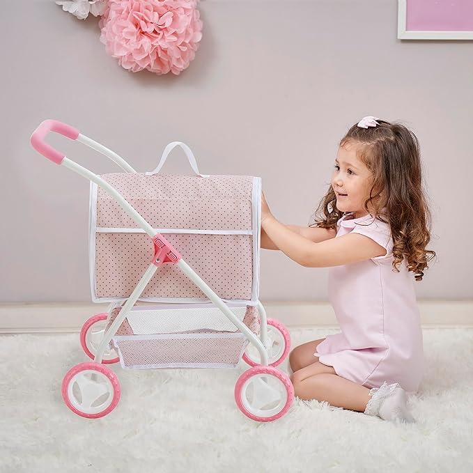 Olivia's Little World Polka Dots Princess Doll Animal Stroller with Detachable Toy Pet Carrier - Pet Doll Pram for 3 yrs and Up - Pink/Gray