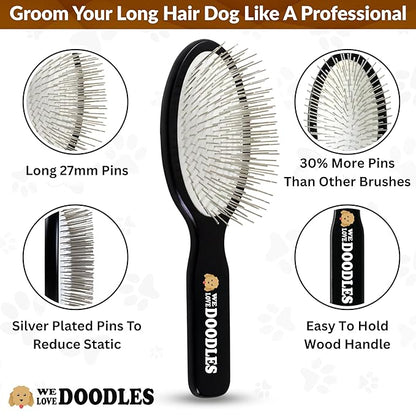 Pin Brush for Dogs, Pet Grooming Detangler Pin Dog Brush, Dog Brush for Shedding and Removing Loose Fur, Lightweight Beech Wood with Silver Plated Pins for Dogs with Long Hair [We Love Doodles]