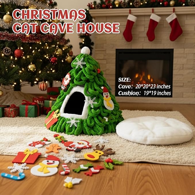 PETKARAY Cat Cave Bed for Indoor Cats, Pre-Assembled Cozy Felt Cat House with Plush Cushion, Christmas Tree–Inspired Design
