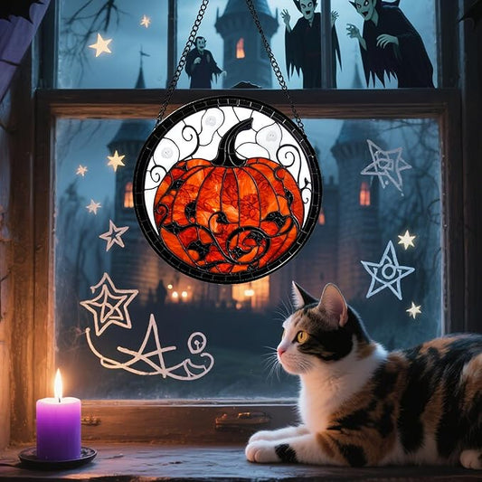 Stained Glass Window Hanging - Halloween Red White Scary Pumpkin Suncatcher for Doors Garden Home Spooky Rattan Sun Catchers Gothic Decor Horror Gifts for Women Men Friend Boy Girl 6.3 in