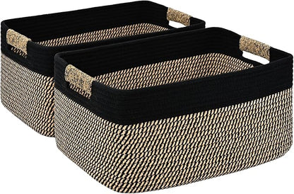 2 Pack Large Storage Basket for Organizing, 17.5"x13"x7" Woven Basket for Shelves, Closet Cube Storage Bins with Wrapped Handle, Cotton Rope Baskets for Kitchen, Clothes, Toys(Black & Brown)