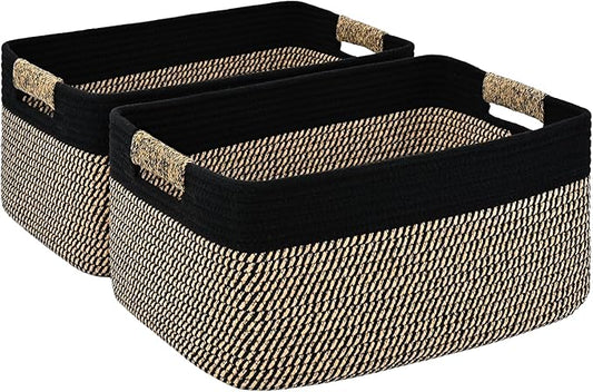 2 Pack Large Storage Basket for Organizing, 17.5"x13"x7" Woven Basket for Shelves, Closet Cube Storage Bins with Wrapped Handle, Cotton Rope Baskets for Kitchen, Clothes, Toys(Black & Brown)
