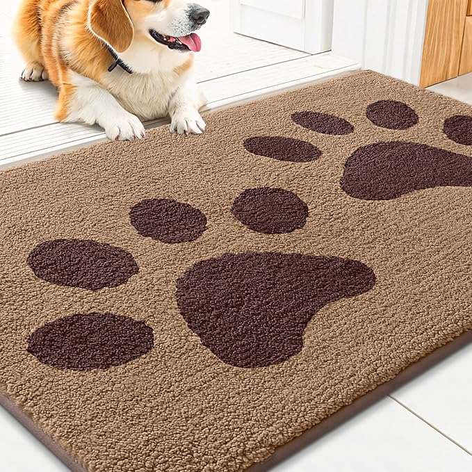 Smiry Dog Door Mat for Muddy Paws, Absorbs Moisture and Dirt, Low-Profile Entryway Mat with Non-Slip Backing, Entry Indoor Outdoor Doormat for Inside Floor (36x24 Inches, Beige, Paw)