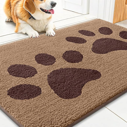 Smiry Dog Door Mat for Muddy Paws, Absorbs Moisture and Dirt, Low-Profile Entryway Mat with Non-Slip Backing, Entry Indoor Outdoor Doormat for Inside Floor (30x20 Inches, Beige, Paw)