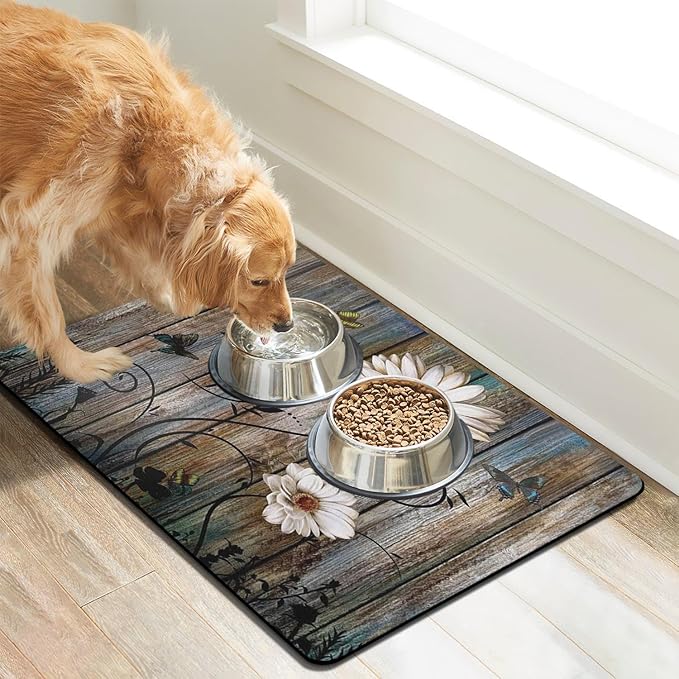 Dog Food Mats for Floors Absorbent, Cat Food Mat - Pet Cat Feeding Mat Quick Dry, Dog Bowl Mats for Water, Pet Supplies Feeding Placemat 16" x 24" Daisy