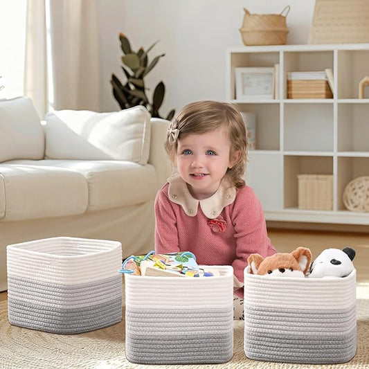 3 Pack Cube Storage Bin, 9”x9”x7” Cotton Rope Woven Baskets for Organizing Toys Clothes Towels, Square Gift Storage Baskets for Shelves, Nursery, Closet, Bathroom, Pantry (3-Tone Gray)