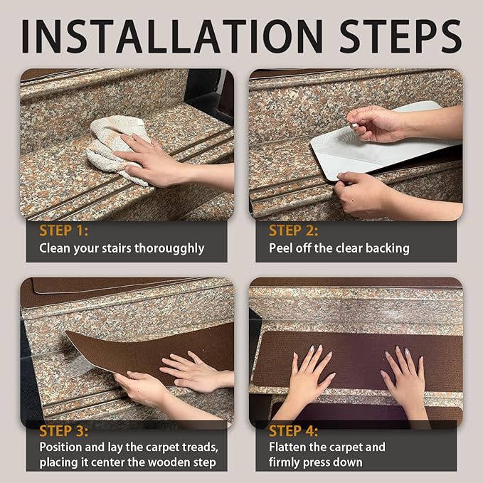 Nonslip Stair Treads Wooden Steps, 15 PCS 30" x 8" Safety Rug Slip Resistant Runner with Reusable Adhesive, Carpet Landing Mat for Family Elders Pets Soft Stair Mats Indoor (Black)