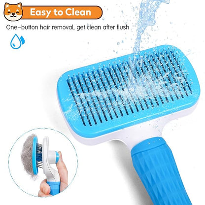 Dog & Cat Brush Kit 2PCS, Self Cleaning Slicker Brush for Pets, Upgraded Dog Brush for Shedding Massaging and Grooming, Removes Loose Undercoat & Portable Comb for Long Short Haired Dogs(Blue)