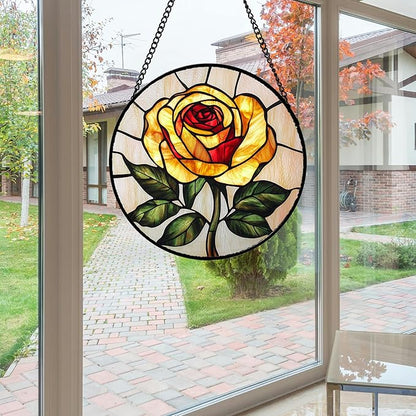 Stained Glass Window Hanging - Elegant Yellow Rose Flower Sun Catcher for Door Garden Home Decor Suncatcher Christmas Mother's Day Birthday Gifts for Women Mom Girl Nana Friend 11.8 in
