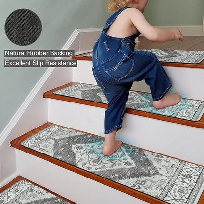 OJIA Extra Non-Slip Stair Treads for Wooden Steps, 30"X8" Indoor Stair Runners Slip Resistant Stair Rugs Safety Mats for Dogs, Kids & Elders, Rubber Backed Stair Treads Stair Covers (15PC, Gray)