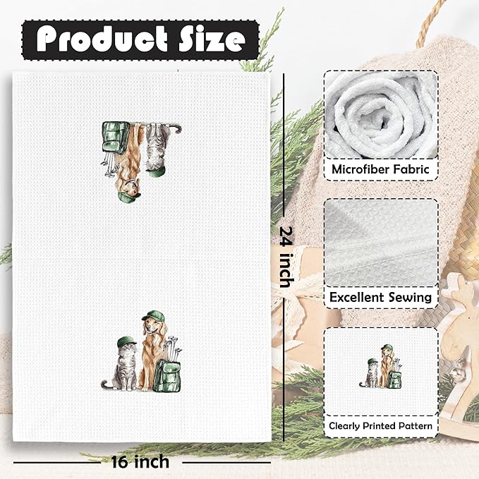 Golf Dog Cat Kitchen Towels - Golden Retriever Dish Towels, Sports Gifts, Pet Golf Club Decorative Absorbent Dishcloths Hand Towels for Kitchen Gym Spa Decor 16x24 Inches